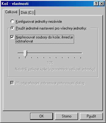 Takto vypadá menu Vlastnosti Koše