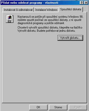Takto vypadá menu, v němž můžete vytvořit spouštěcí disketu pro Windows